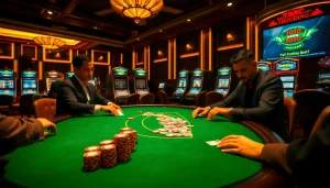 Players engaging in an intense poker game at 7mcn with vibrant casino vibes.