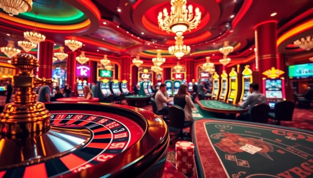 Players experiencing excitement at K88 casino tables with vibrant poker chips and cards.