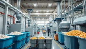Süßstofffabrik with modern machinery and workers in action inside the facility.