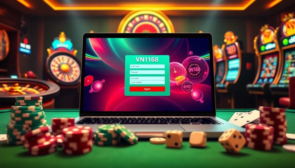 Registering at VN168 with excitement at a luxury casino table with poker chips and cards.