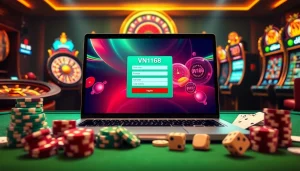 Registering at VN168 with excitement at a luxury casino table with poker chips and cards.