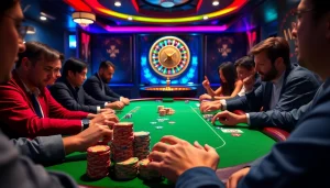 Excited players engaging in high-stakes poker at XN88's luxurious casino.