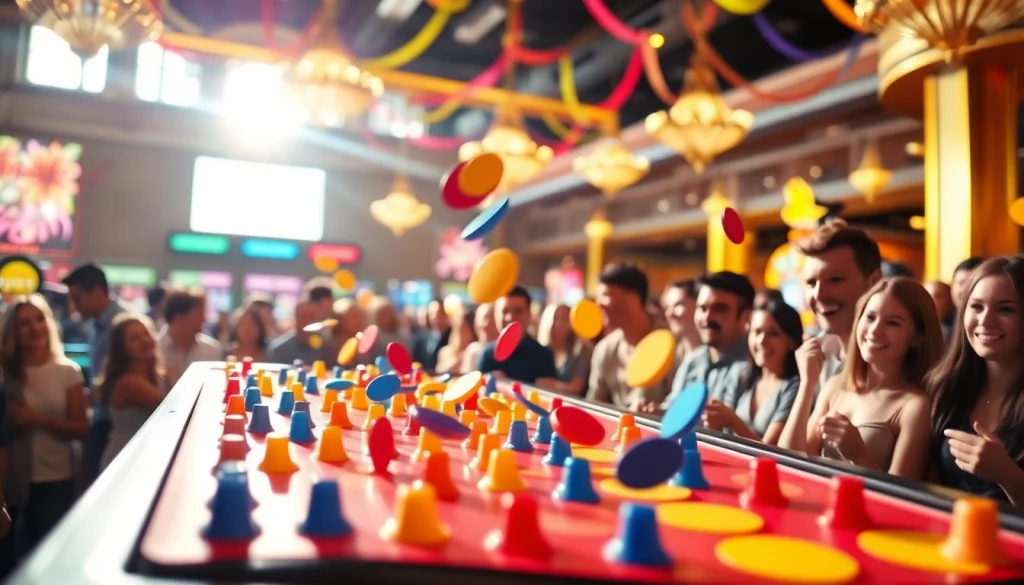 Mainkan plinko demo dengan papan Plinko yang berwarna-warni dan pemain yang bersemangat.