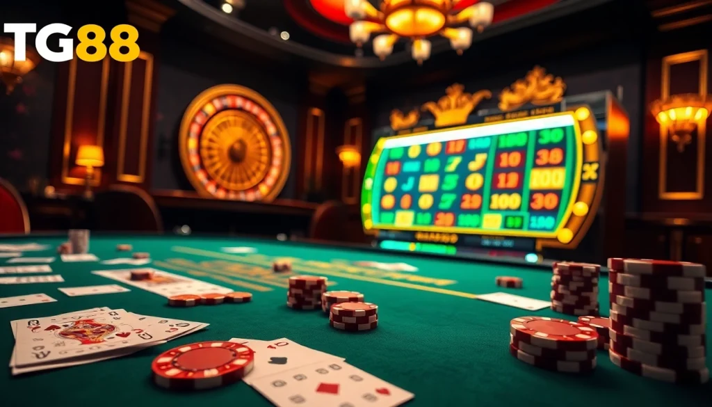 Experience exciting gaming at https://tg88com.host/ with vibrant poker chips and a luxurious casino ambiance.