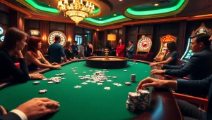 Experience thrilling gambling action at 32win 32 with players at a vibrant casino table.