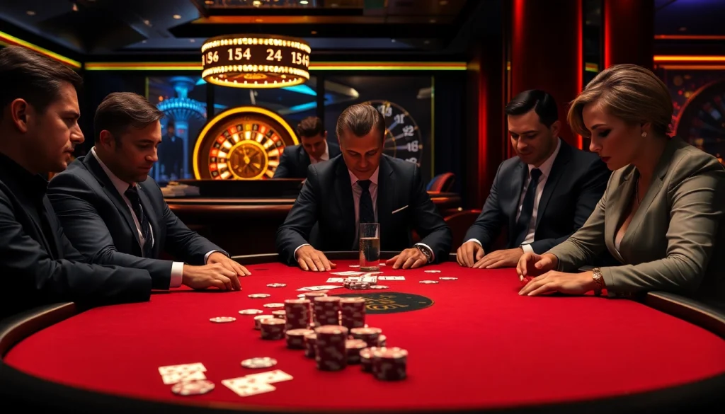 Gamblers strategizing at a poker table, inspired by https://mm88.london/ in a luxury casino.