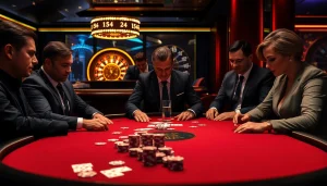 Gamblers strategizing at a poker table, inspired by https://mm88.london/ in a luxury casino.