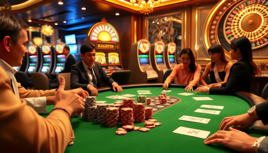 A vibrant scene showcasing players enjoying a poker game at khela88 casino, surrounded by slot machines and casino lights.