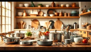Showcase of kitchenware Auckland with premium utensils and stylish cookware arranged on a wooden table.
