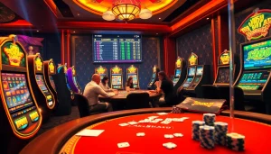 Exciting players engaging in gambling at a luxurious MM88 casino, surrounded by vibrant slot machines and poker chips.