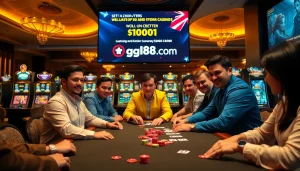 Players strategizing at a poker table and enjoying slot games at gg88.com, experiencing thrilling casino action.