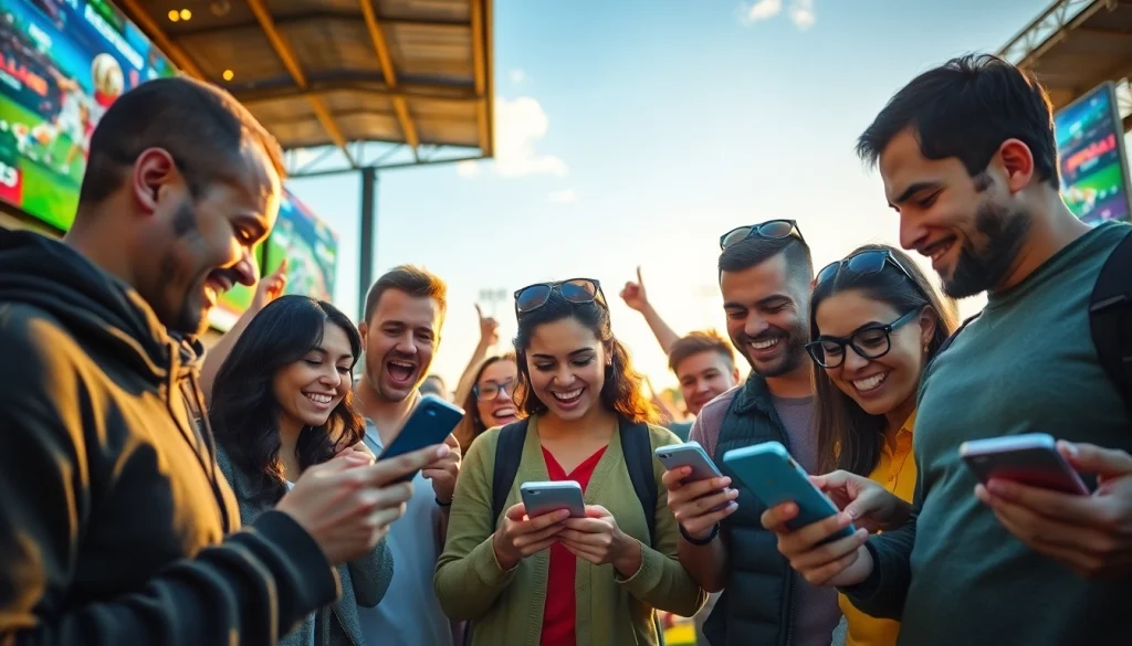 Individuals enthusiastically using online sportsbooks Texas in a vibrant sports betting environment.