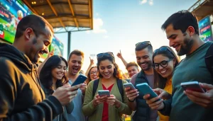 Individuals enthusiastically using online sportsbooks Texas in a vibrant sports betting environment.