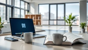 An engaging learning environment showcasing the 有道词典 interface on a laptop with modern educational tools.