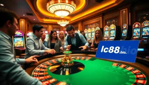 Experience the excitement of gambling at lc88.bio with players actively betting at a luxurious casino table.