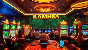 Engaged players enjoying the thrill of gaming on the slot server kamboja platform, surrounded by vibrant slot machines.