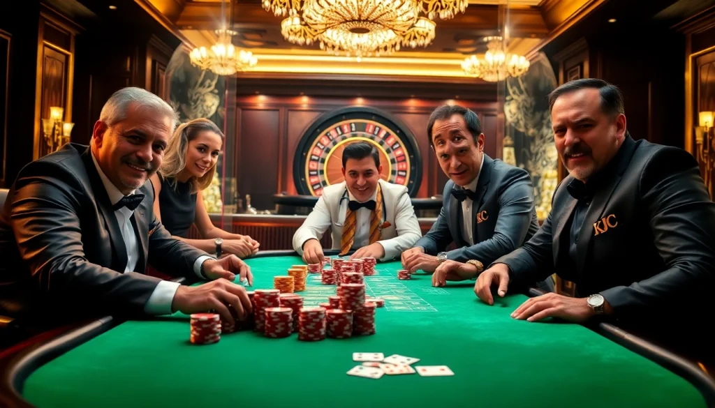 KJC branded poker game with players showcasing intense focus and excitement in a luxury casino setting.