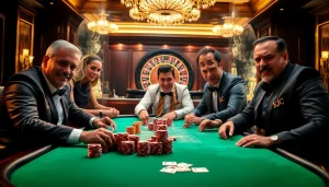 KJC branded poker game with players showcasing intense focus and excitement in a luxury casino setting.