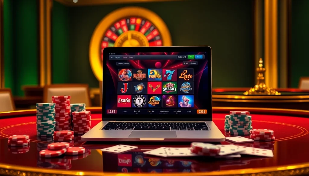 Engage in "lc88 đăng nhập" with a laptop showcasing vibrant online casino games amidst luxury gaming props.