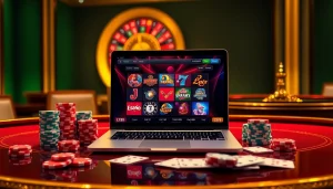 Engage in "lc88 đăng nhập" with a laptop showcasing vibrant online casino games amidst luxury gaming props.
