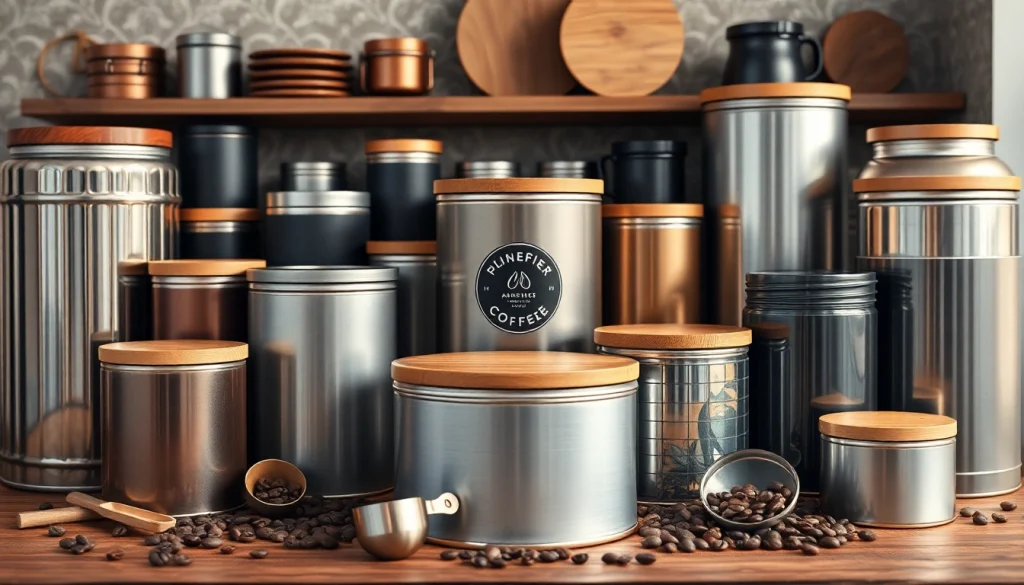 Stylish coffee tins with airtight lids displayed on a wooden table, emphasizing quality and design.
