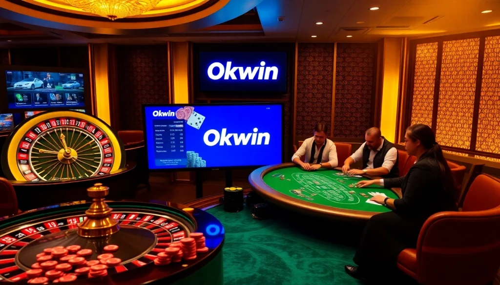 Experience Okwin in a luxurious casino setting with poker tables, roulette, and engaged players.