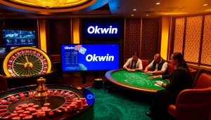 Experience Okwin in a luxurious casino setting with poker tables, roulette, and engaged players.