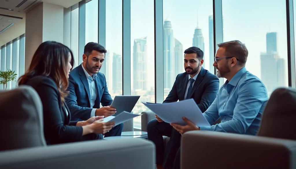 Business Consultants in Dubai collaborating in a modern office, showcasing professional teamwork and strategic planning.