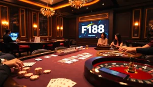 Players engaging with f168's high-stakes casino games at a vibrant poker table.