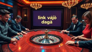 Excited players betting at a luxurious casino table while connecting with link vào daga for exclusive access.