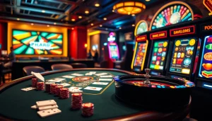 Experience gaming at Phlaro with a stunning casino setup featuring blackjack tables, slot machines, and roulette wheels.