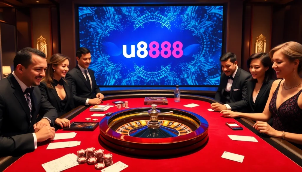 Players enjoying a thrilling game at a luxurious casino table with u8888 branding.