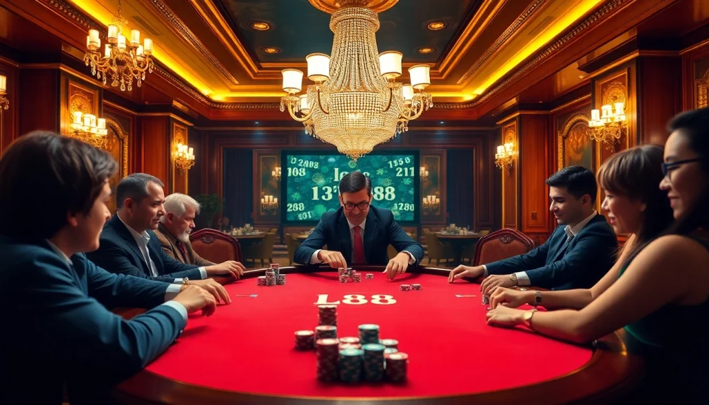Engaging players at an Lc 88-themed poker table in an upscale casino setting.