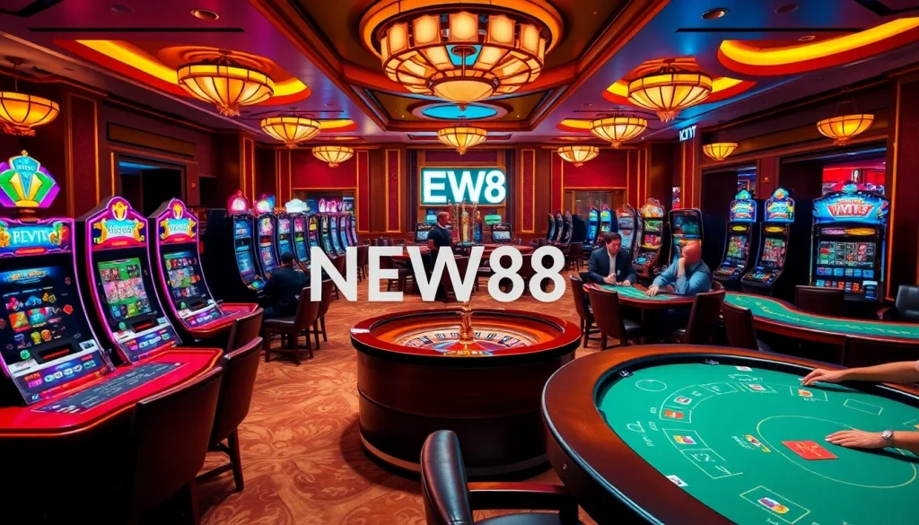 NEW88 players enjoying diverse casino games and vibrant slot machines on a luxurious casino floor.