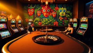 Experience the excitement of Rio at a vibrant casino poker table with colorful decor and lively atmosphere.