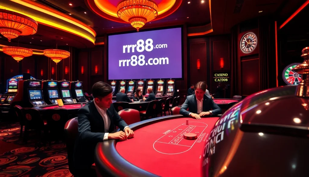 Experience excitement at rr88.com with luxurious casino visuals including poker tables and slots.