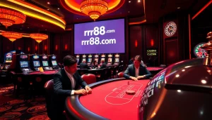 Experience excitement at rr88.com with luxurious casino visuals including poker tables and slots.
