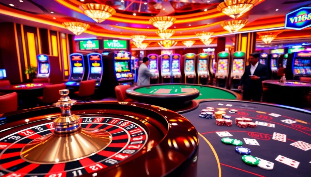 Players engaging in vn168 đăng ký process at a vibrant online casino, featuring roulette and slot machines.