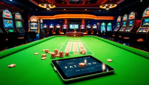 Nohu90 com offers a vibrant scene of an upscale online casino with poker chips and a digital interface, showcasing layers of excitement.