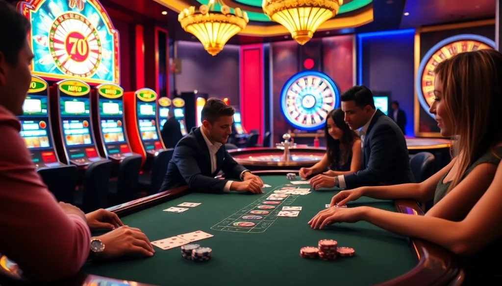 Players enjoying a thrilling game at the 789win club poker table amidst vibrant casino elements.