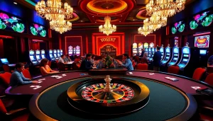 A thrilling casino atmosphere showcasing roulette and poker tables at 789f com.