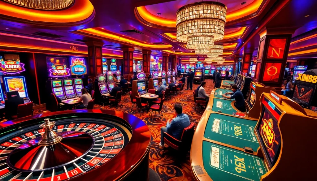 Players enjoy thrilling games at XN88 casino with vibrant tables and engaging slot machines.