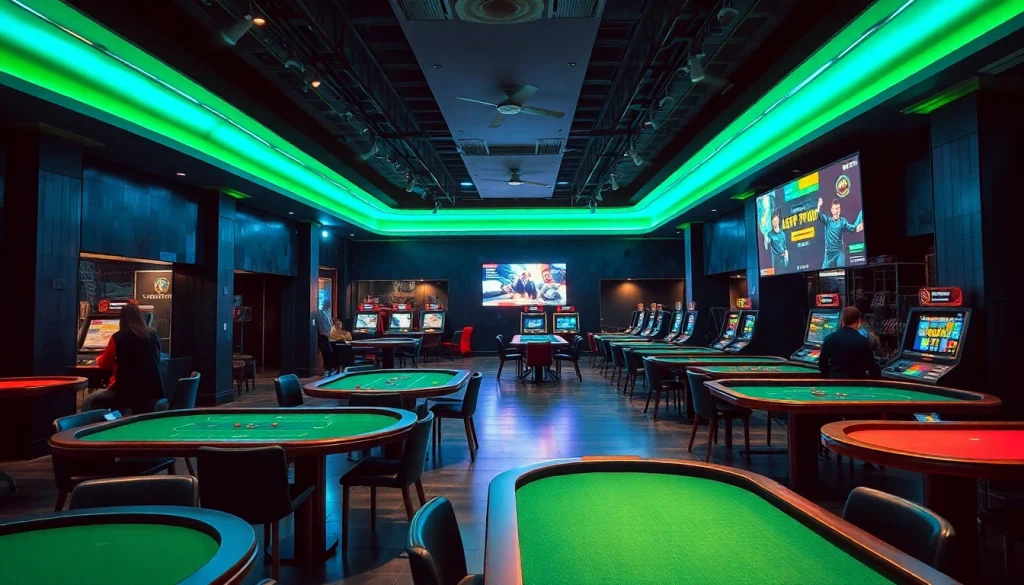 A casa de apostas regulamentada oferece uma experiência de jogo segura com mesas iluminadas e apostadores animados.