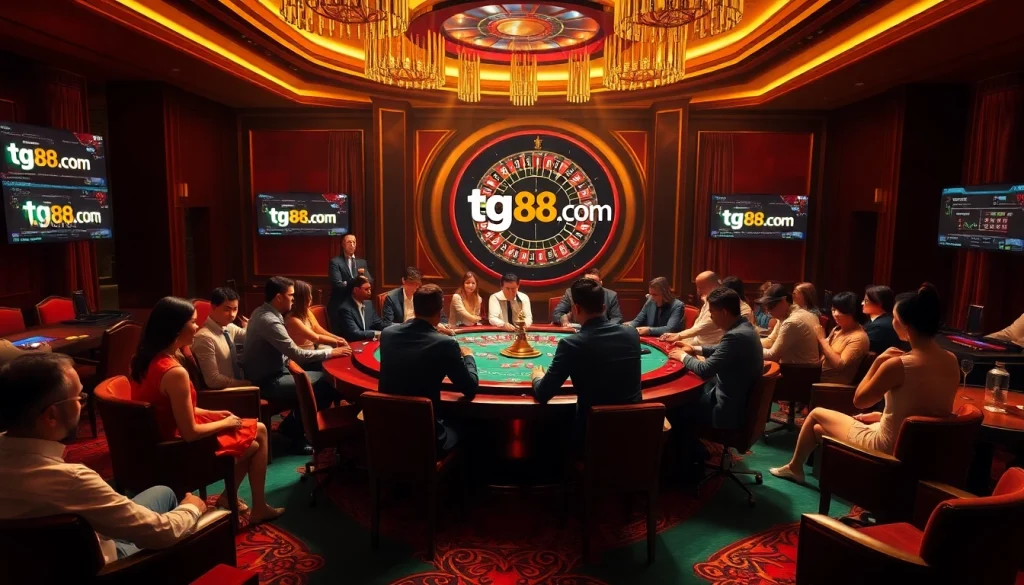 Experience thrilling gameplay at tg88.com with an elegant casino table featuring poker chips and a roulette wheel.