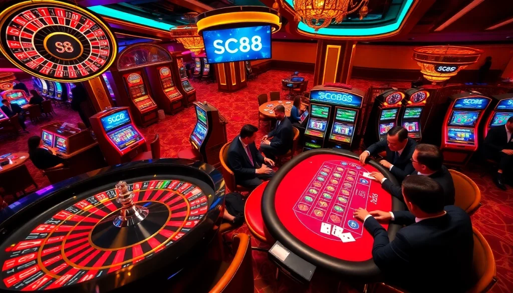Experience SC88 cá cược excitement at a vibrant casino with roulette and poker tables.