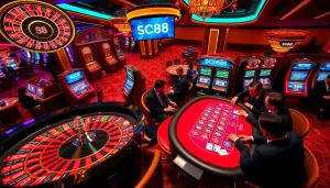 Experience SC88 cá cược excitement at a vibrant casino with roulette and poker tables.