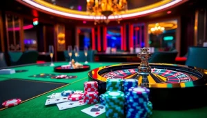 Experience excitement at rr88.com with vibrant casino games, poker chips, and roulette wheel.