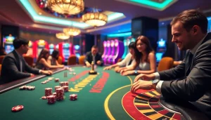 Players enjoying thrilling games at kkwin com casino with vibrant tables and colorful poker chips.