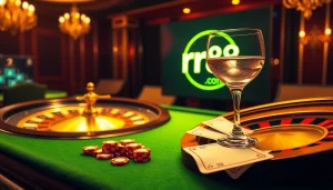 Gambling action at rr88 com with vibrant roulette wheel and poker chips on a luxurious table.
