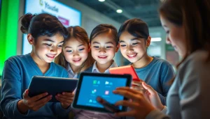 Youdao platform in action with diverse students engaged in digital learning.